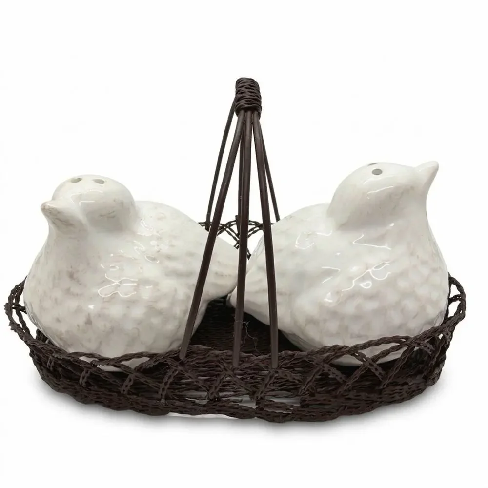Chicks Birds Salt Pepper Shakers in Wire Country Basket Ceramic